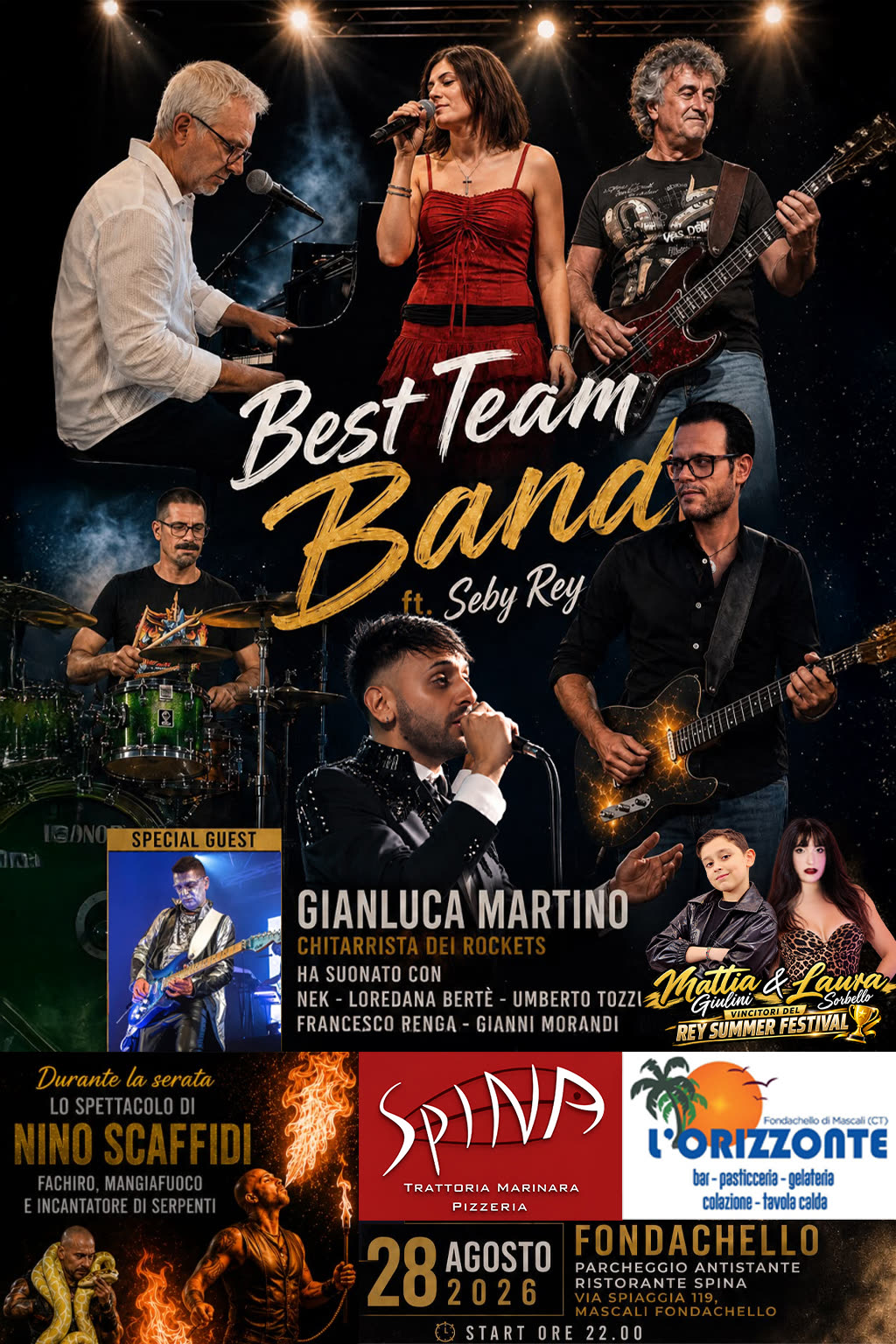 La locandina della serata Best Team Band ft. Seby Rey del 28 agosto 2026 a Fondachello di Mascali