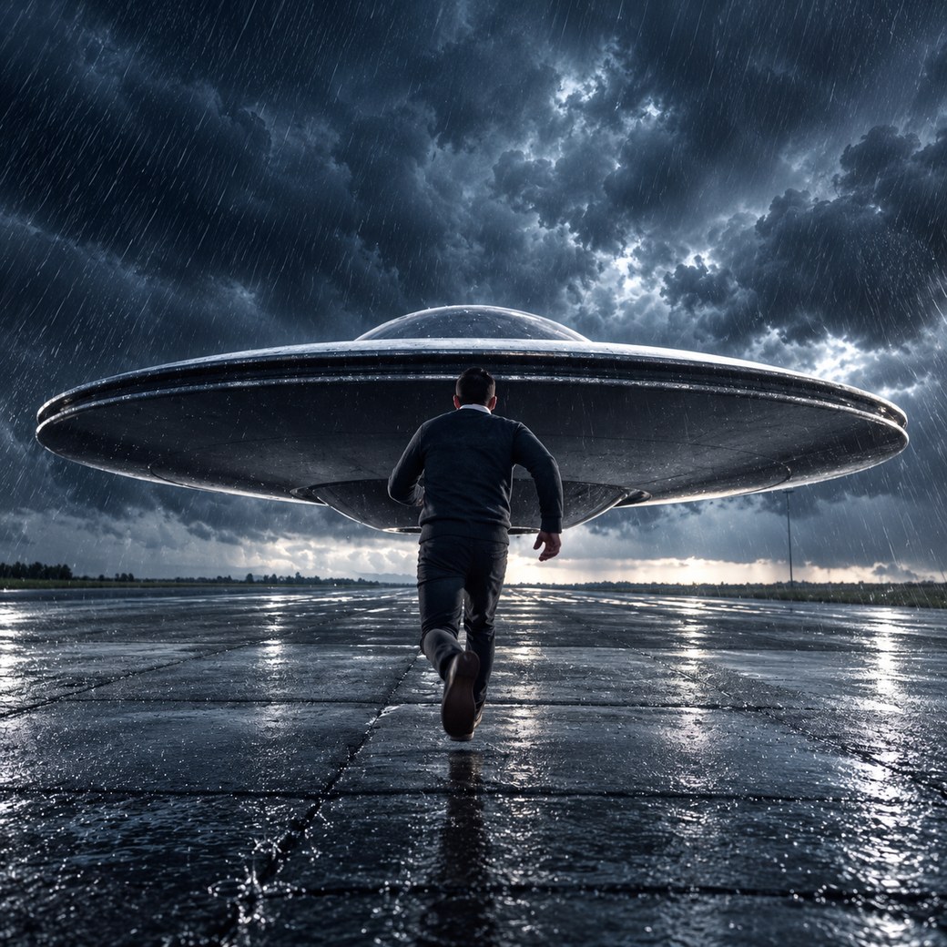 La copertina di «Innamorato di un Alieno»: un uomo corre sotto la pioggia verso un disco volante
